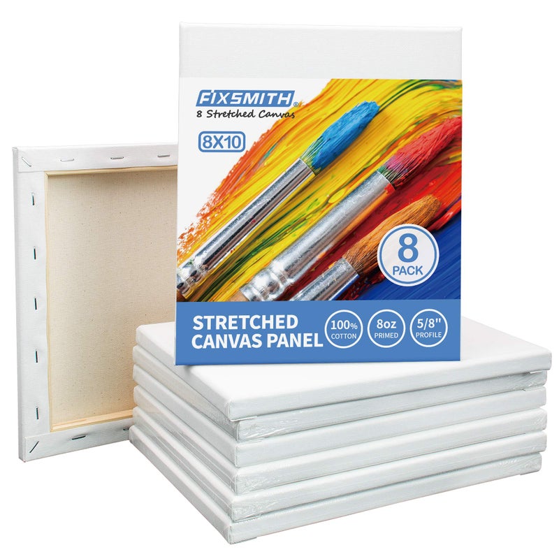 FIXSMITH Stretched Canvas for Painting- 8x10 Inch,Bulk Pack of 8,Primed,100% Cotton,5/8 Inch Profile of Super Value Pack for Acrylics,Oils & Other Painting Media - Image 1